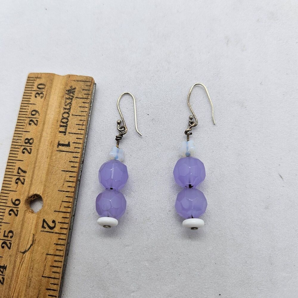 Sterling Silver and Purple Bead Dangle Earrings 925